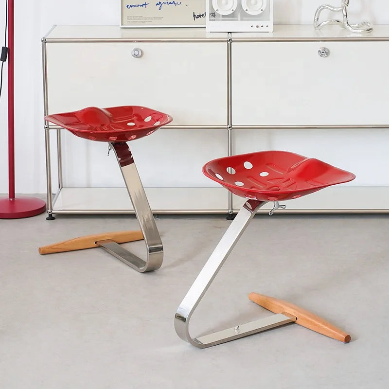 Cantilever-style Nordic Region Dining Stool Perforated Plastic Seat Polished Stainless Steel Frame Solid Wood Footrest Dining