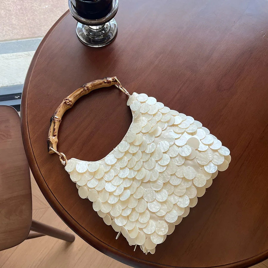 Natural Bamboo Knot Handle Shell Sequined Bag Handmade Bohemian Shell-Disc Handbag Seaside Beach Vacation Designer Woven Totes