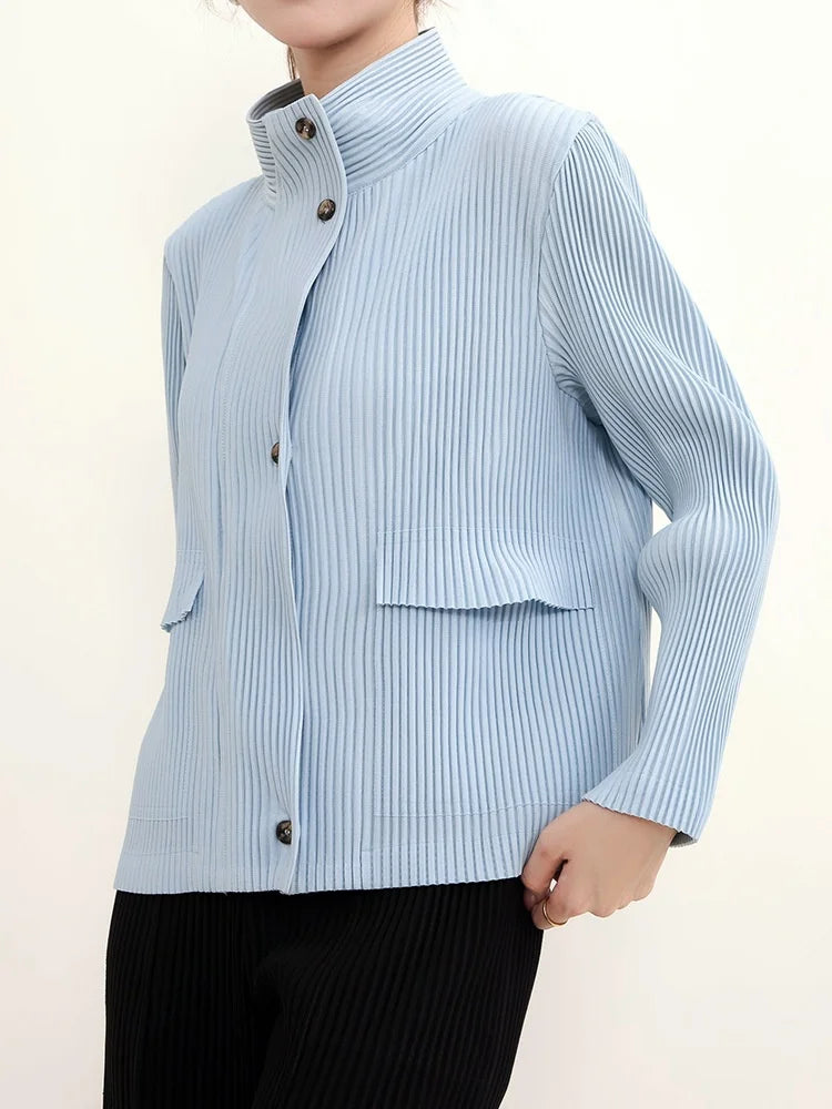 High End Miyake Pleated New Solid Color Collar Single Row Toothpick Pleated Retro Raincoat Commuting Women's Slim Fit Jacket