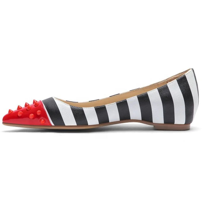 Latest Design Women Flat Dress Shoes Pointy Toe Black&White Stripe Rivets Studs Pump Shoes Office Lady Work Dating Shoes