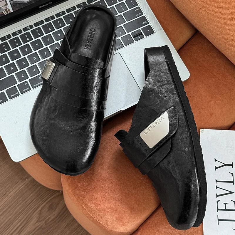 Men Women Leather Upper Flat Casual Slip-on Mules Closed Toe Half Slippers Spring