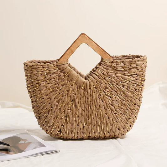 Lady Fashion Summer Women's Top Handbag Bohemia Style Wooden Handle Tote Soft Chains Handmade Straw Woven Basket Shopper