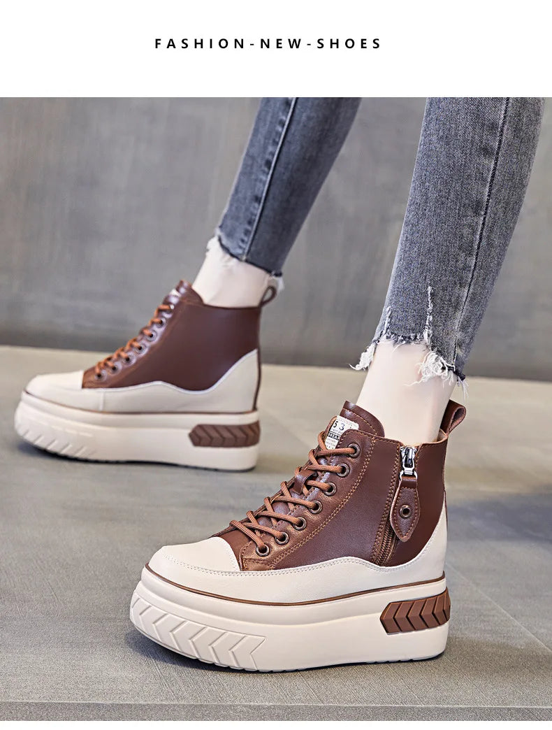 High Top Women Shoes Genuine Leather 8cm Platform Boots Ankle Wedge Hidden Heel Zip Autumn Warm Fur Winter Shoes Sneakers