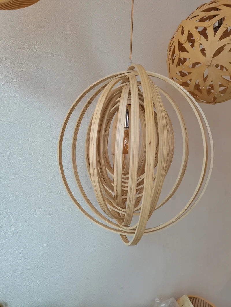 Wooden Living Room Bamboo Dining Pendant  lamp Creative Moon Lamp Wood Ring Bedroom Hanging Lamp