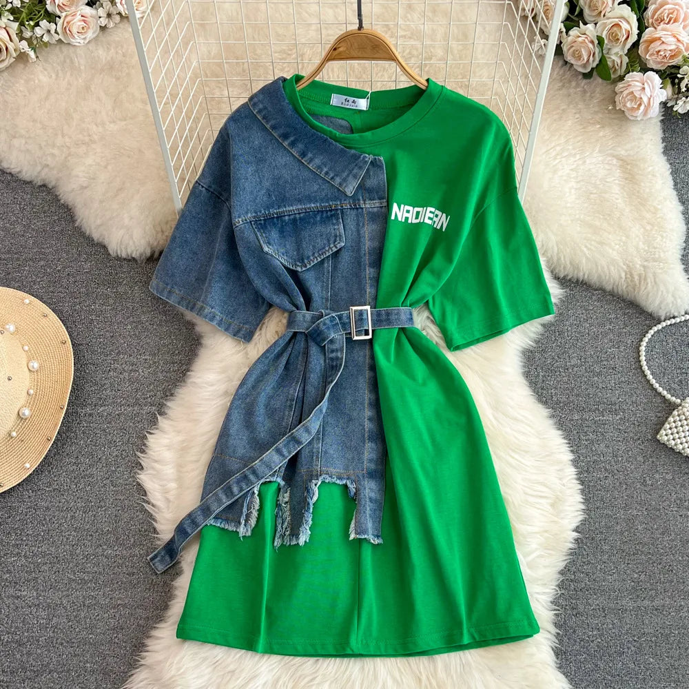 New Fashion Round Neck Color Blocking Women Casual Tops Denim T-Shirt Dresses