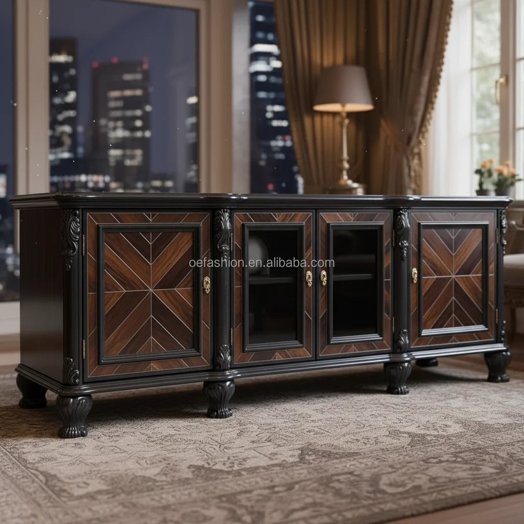 OE-FASHION French Neo-Classical Style Hand Carved Solid Wood Dining Server Chevron Veneer Credenza for Luxury Villa