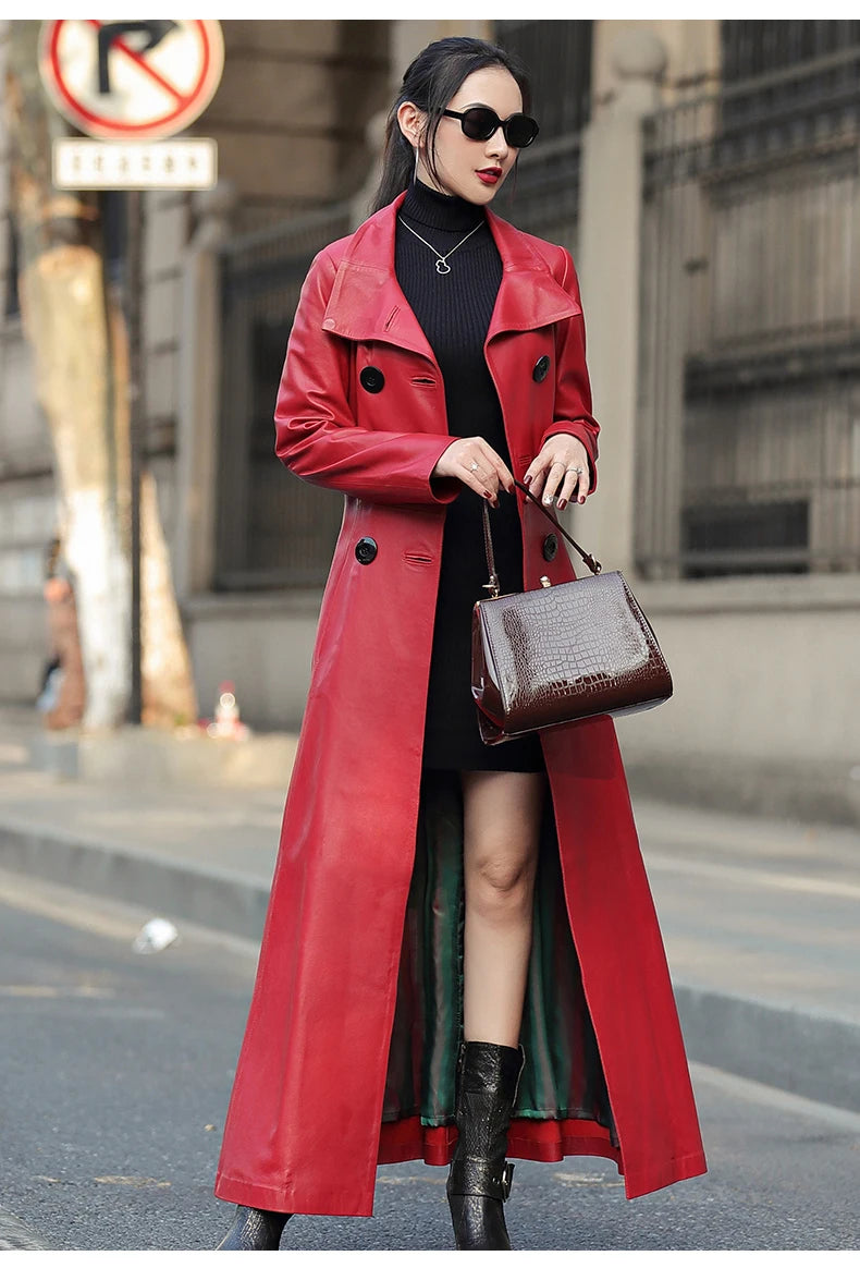 Nerazzurri Autumn Maxi Red Pu Leather Trench Coat for Women Long Sleeve Belt Double Breasted Elegant Luxury Runway Fashion 2023