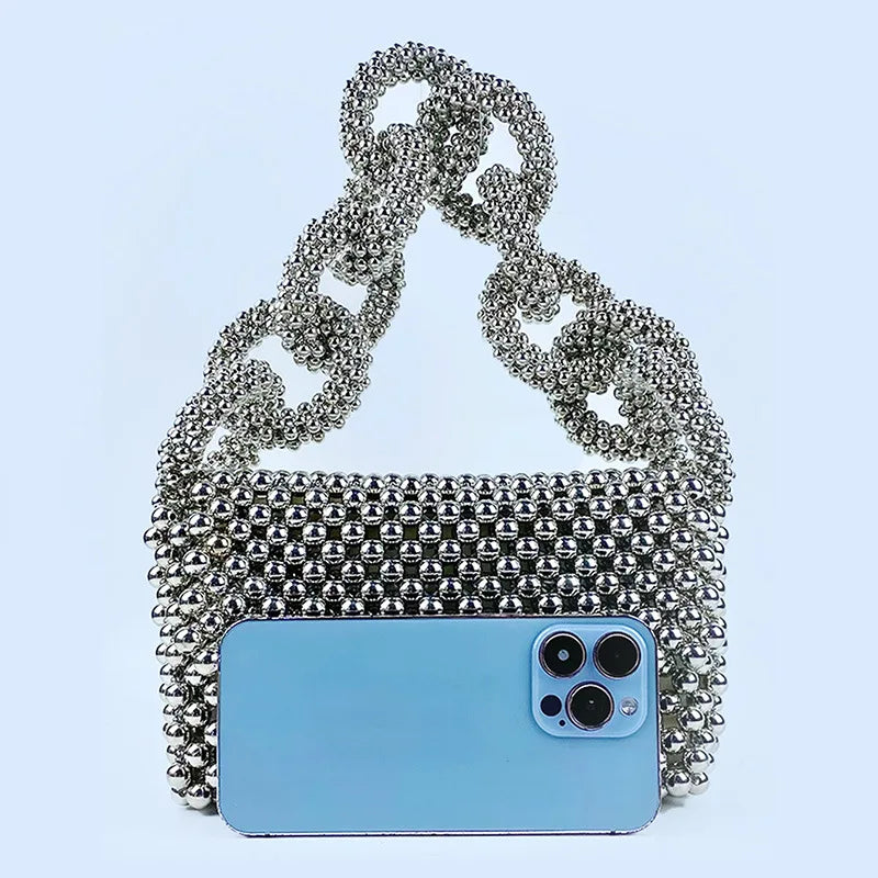 Silver Beaded Bag for Women New Bold Chunky Chain Mobile Phone Bag Hollow Bead Bag Finished Handheld One Shoulder Underarm Bag