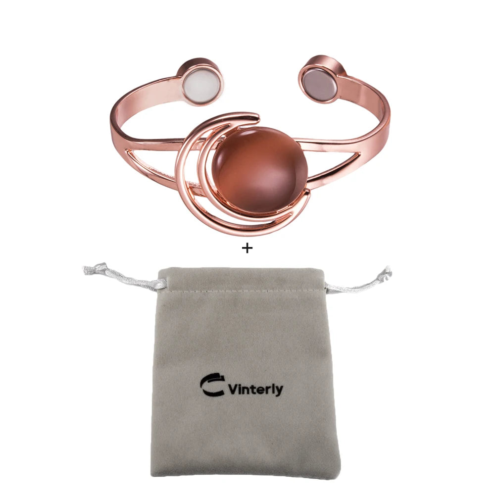 Vinterly Magnetic Bracelet Copper Adjustable Energy Brown Blue Stone High Magnet Bangles Arthritis Moon and Sun Pattern Jewelry