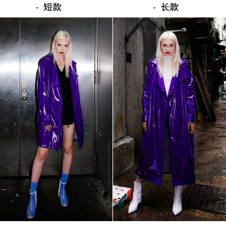 Nerazzurri Spring Autumn Purple Shiny Womens Patent Leather trench coat belt raglan sleeve Oversized soft runway long Overcoat