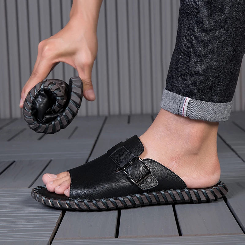 Hand Stitched Men Casual Slide Slippers Full Grain Cow Leather Upper Non Slip Rubber Outsole Daily Home Beach Shoes