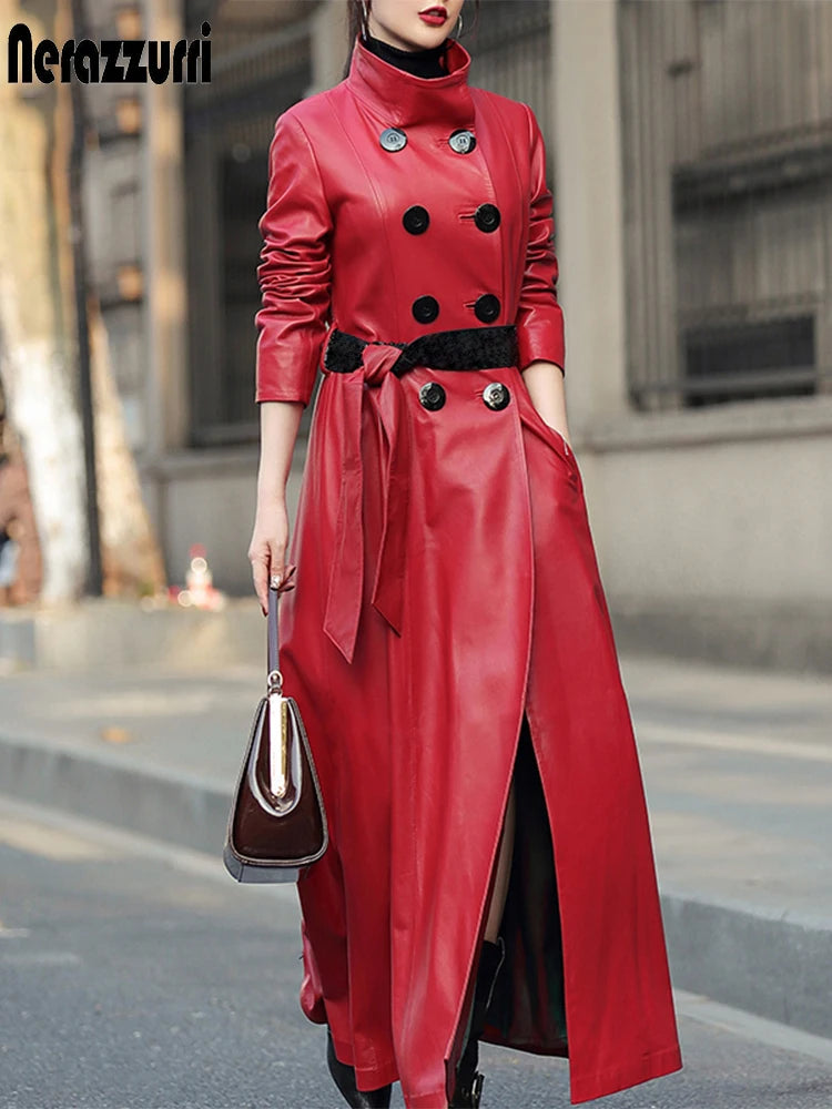 Nerazzurri Autumn Maxi Red Pu Leather Trench Coat for Women Long Sleeve Belt Double Breasted Elegant Luxury Runway Fashion 2023