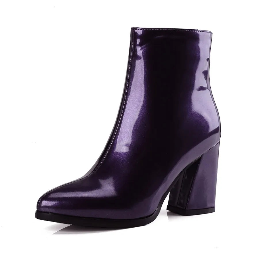Silver Winter Women Ankle Boots Gold Mirror Patent Leather High Block Heel Party Office Lady Sexy Pointed Toe Zipper Short Plush