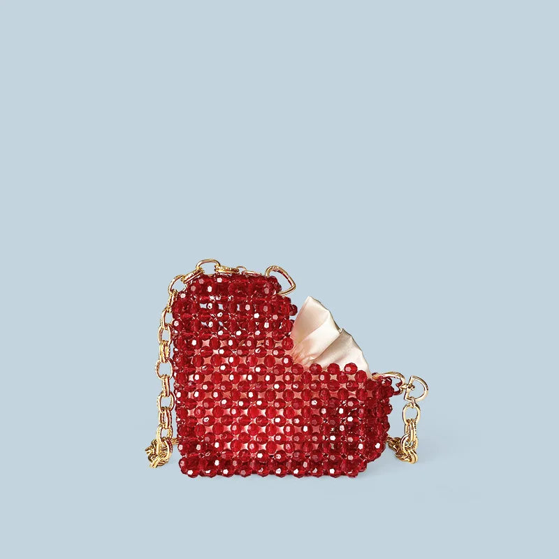 New French Casual Socialite Temperament Love Heart Jelly Beads Crossbody Bag High-end Bead Woven Red Heart-shaped Acrylic Bag