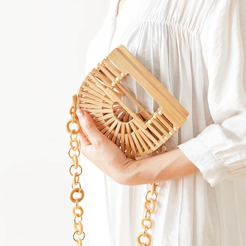 Fashion Straw Tote Bamboo Semi-circular Handbags High Quality Hand Woven Women Bags Bohemia Summer Ladies Beach Bag Bamboo Bags