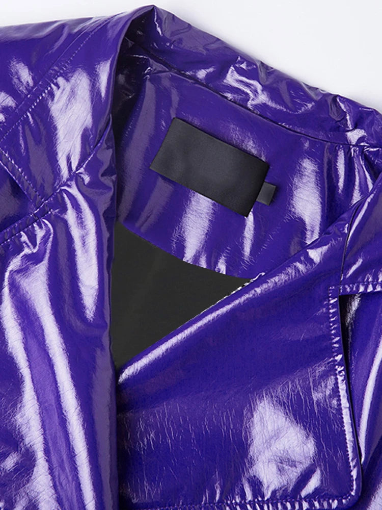 Nerazzurri Spring Autumn Purple Shiny Womens Patent Leather trench coat belt raglan sleeve Oversized soft runway long Overcoat