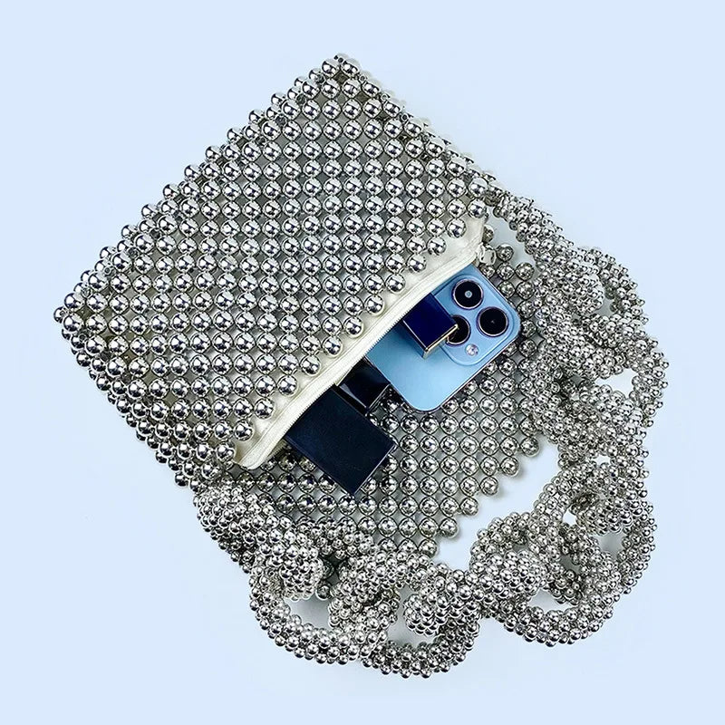 Silver Beaded Bag for Women New Bold Chunky Chain Mobile Phone Bag Hollow Bead Bag Finished Handheld One Shoulder Underarm Bag