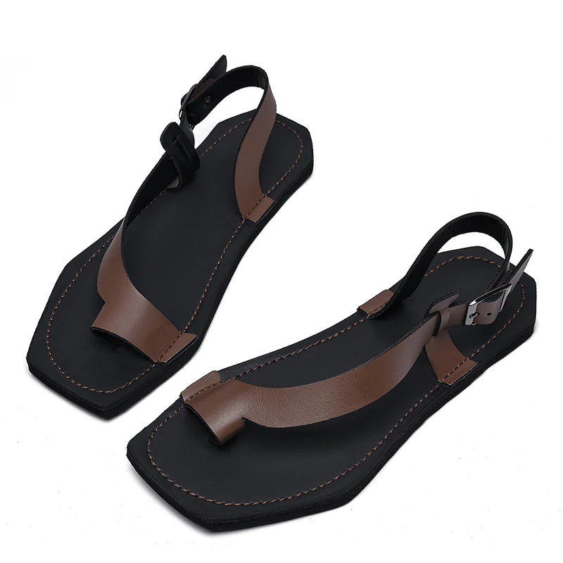 New Fashion Men's Leather Casual Sandals Lightweight & Breathable Slides Toe-Post Comfortable Anti-Slip Loafers