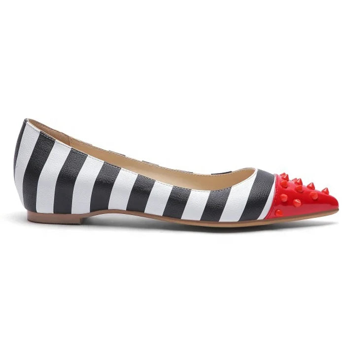 Latest Design Women Flat Dress Shoes Pointy Toe Black&White Stripe Rivets Studs Pump Shoes Office Lady Work Dating Shoes