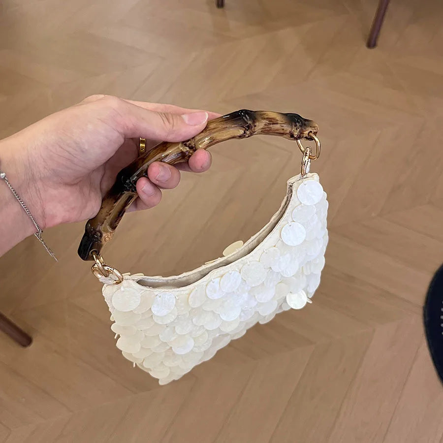 Natural Bamboo Knot Handle Shell Sequined Bag Handmade Bohemian Shell-Disc Handbag Seaside Beach Vacation Designer Woven Totes