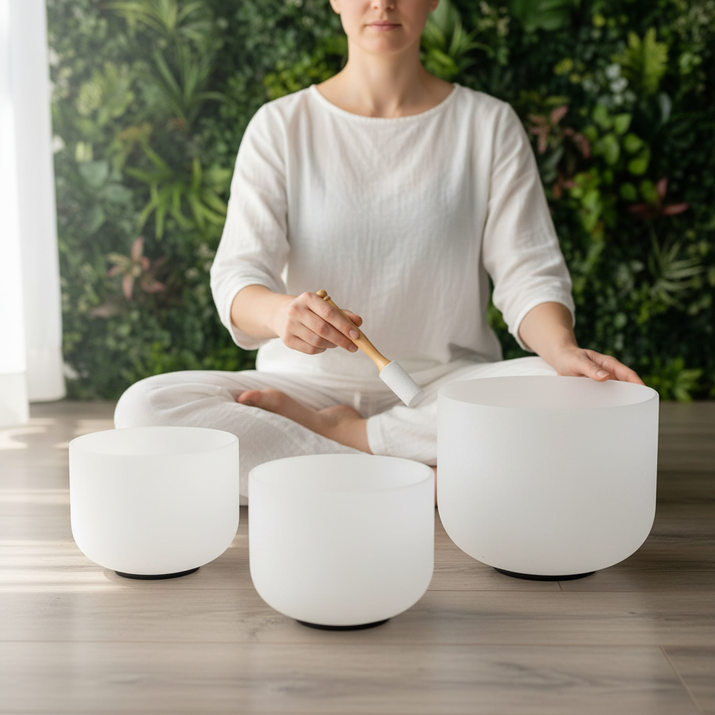 Frosted Quartz Crystal Set, Singing Bowl 3pcs 8"G 10"E 12"C 432hz  Set for Sound Healing Bath Keep Balance Therapy Meditation Yoga