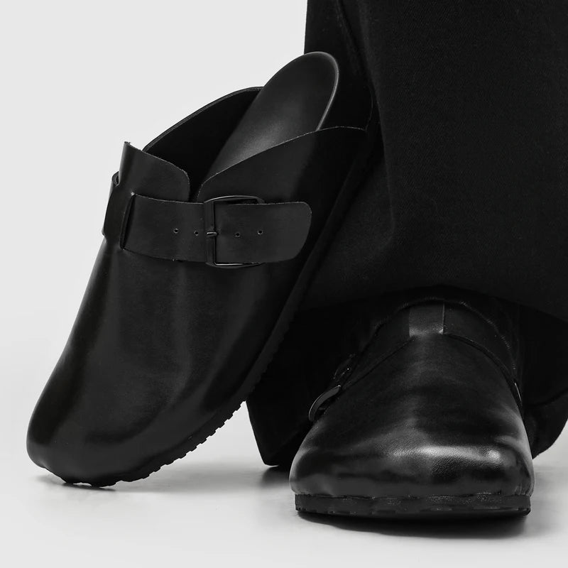 Men Women Soft Head Layer Leather Mules Thick Sole Minimalist Style Slip on