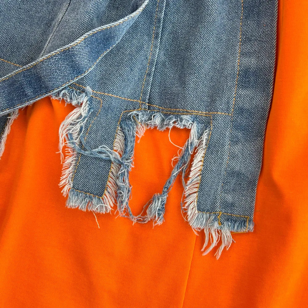 New Fashion Round Neck Color Blocking Women Casual Tops Denim T-Shirt Dresses