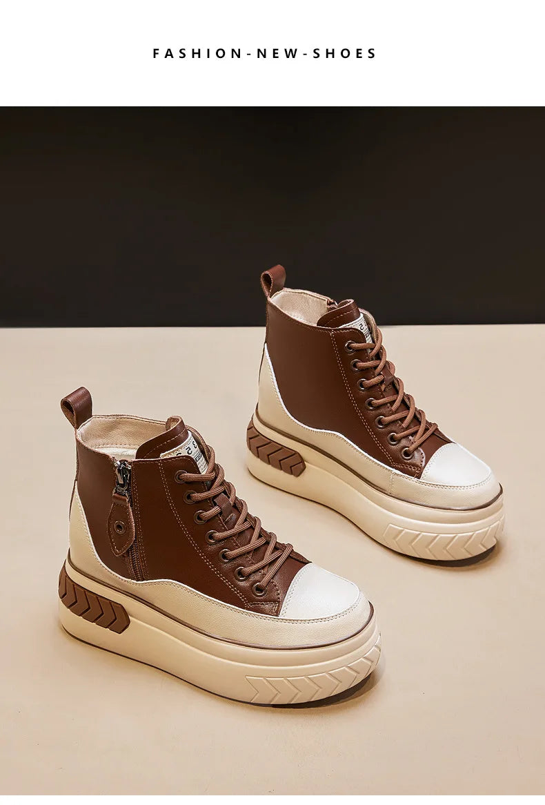 High Top Women Shoes Genuine Leather 8cm Platform Boots Ankle Wedge Hidden Heel Zip Autumn Warm Fur Winter Shoes Sneakers