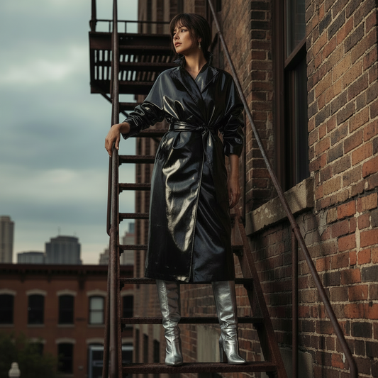 Shiny Patent Leather Turn-Down Collar Trench Coat with Belt for Women, Gothic Faux Latex, PU Long Sleeve Overcoat, Winter Custom