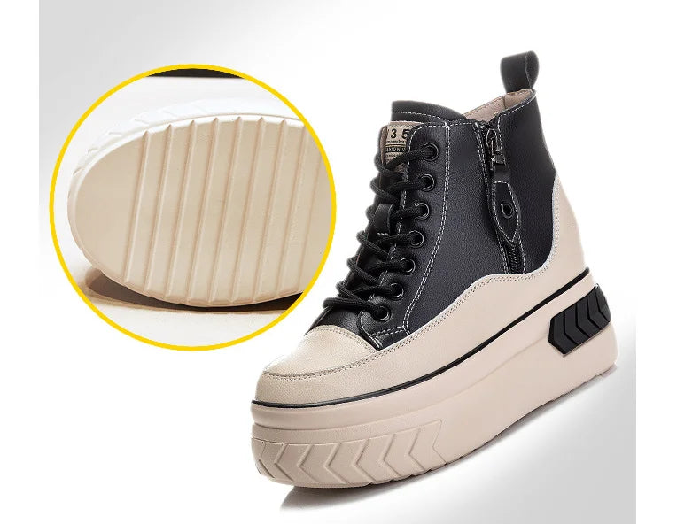High Top Women Shoes Genuine Leather 8cm Platform Boots Ankle Wedge Hidden Heel Zip Autumn Warm Fur Winter Shoes Sneakers