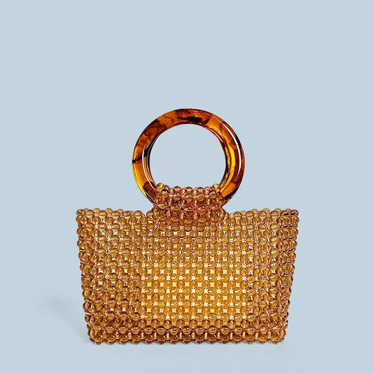 Double Circle Acrylic Handle New Amber Color Bead Tote Bag Women Beaded Acrylic High Quality Hand-woven Fashion Exquisite Purses