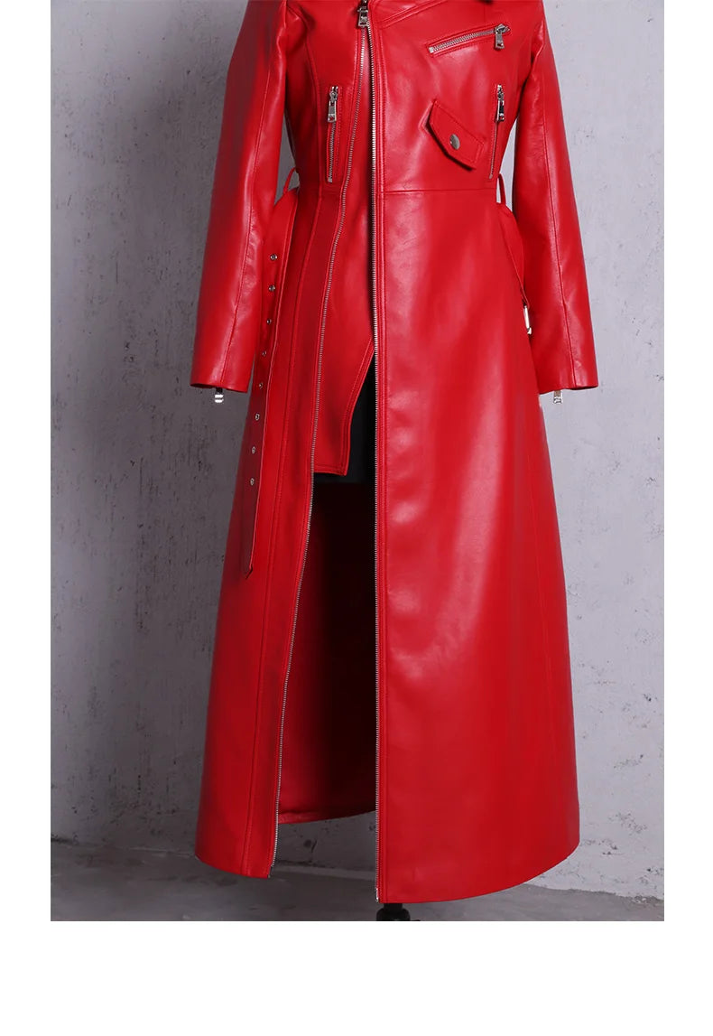Spring Autumn Maxi Dresses for Women Slash Neck Red Black PU Leather Dress Women Long Sleeve Runway Elegant Dress