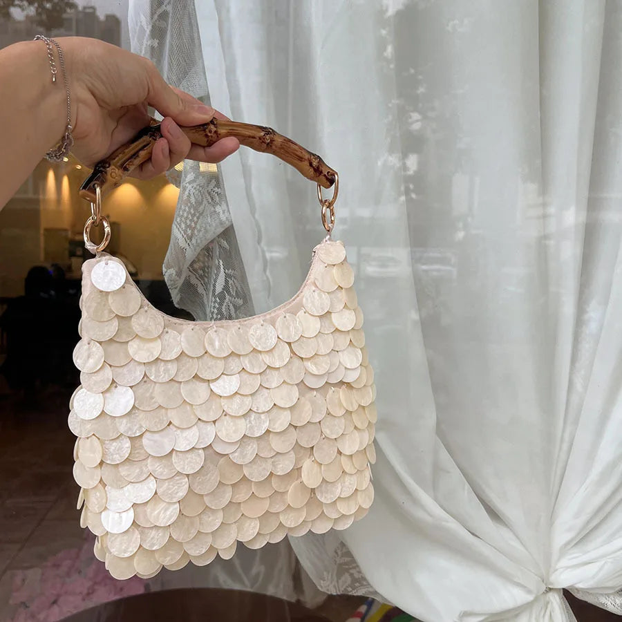 Natural Bamboo Knot Handle Shell Sequined Bag Handmade Bohemian Shell-Disc Handbag Seaside Beach Vacation Designer Woven Totes