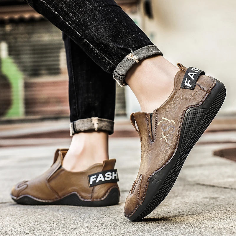 Men's Leather Slip-On Flat Business Shoes-Anti-Slip Breathable Comfort Lightweight for Long-Hour Use
