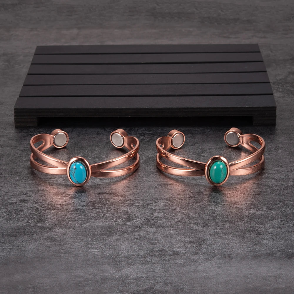 Magnetic Copper Bracelets for Women Blue Stone Adjustable Cuff Copper Magnetic Bracelet Arthritis Cross Healing Energy Bangle
