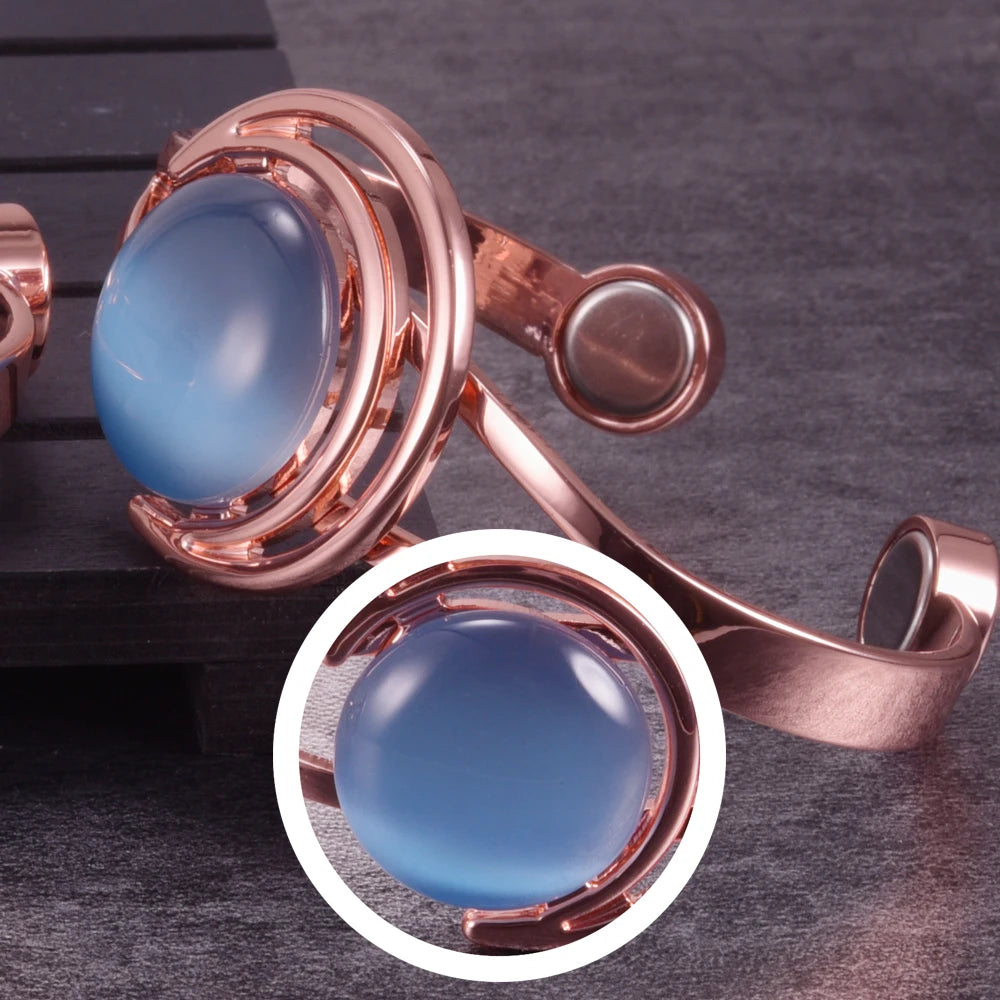 Vinterly Adjustable Magnetic Bracelet Pure Copper Brown Blue Stone High Magnet Arthritis Moon Sun Bangle Women Resizable Jewelry