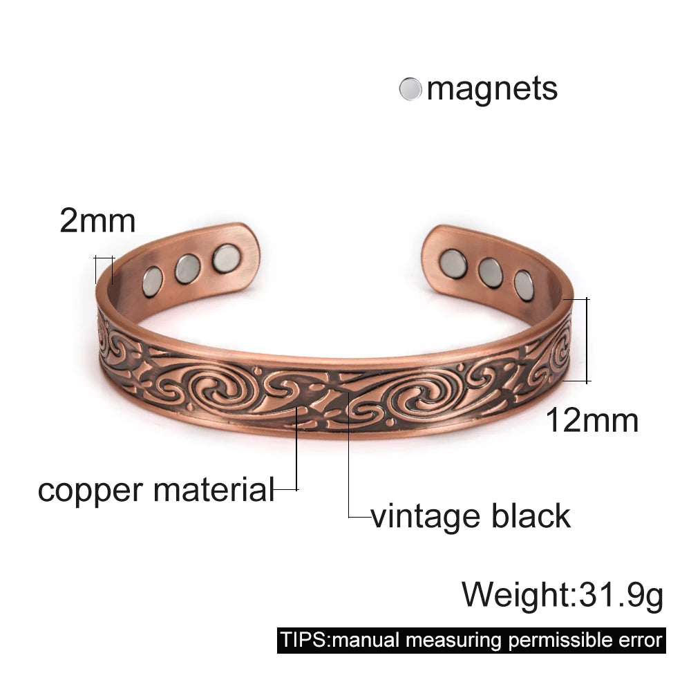 Vinterly Pure Copper Bracelet Men Magnetic Vintage Adjustable High Magnet Open Cuff Bangles Health Energy Jewelry for Male Women