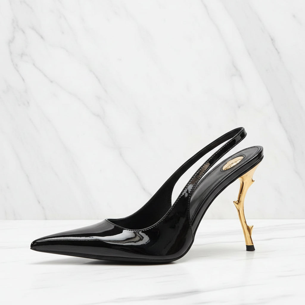 Slingback Women Back Strap Gold Strange Heels on  Pumps Patent Dress Sandals Pointed Toe Shoes