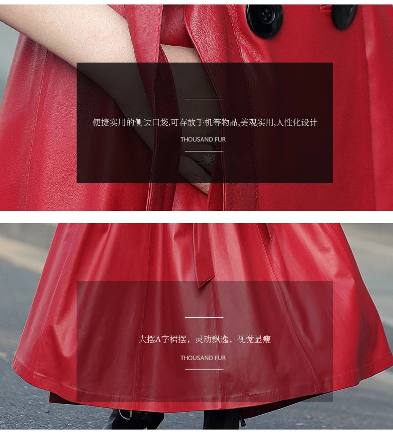 Nerazzurri Autumn Maxi Red Pu Leather Trench Coat for Women Long Sleeve Belt Double Breasted Elegant Luxury Runway Fashion 2023