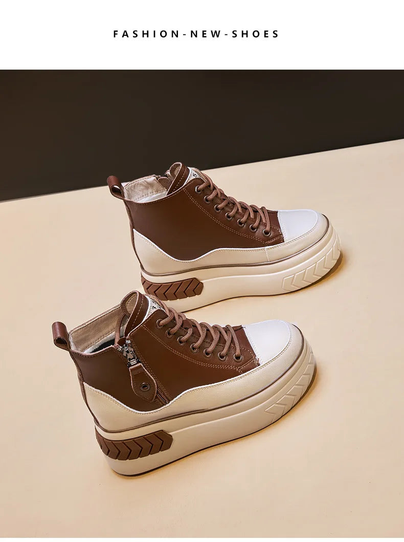 High Top Women Shoes Genuine Leather 8cm Platform Boots Ankle Wedge Hidden Heel Zip Autumn Warm Fur Winter Shoes Sneakers