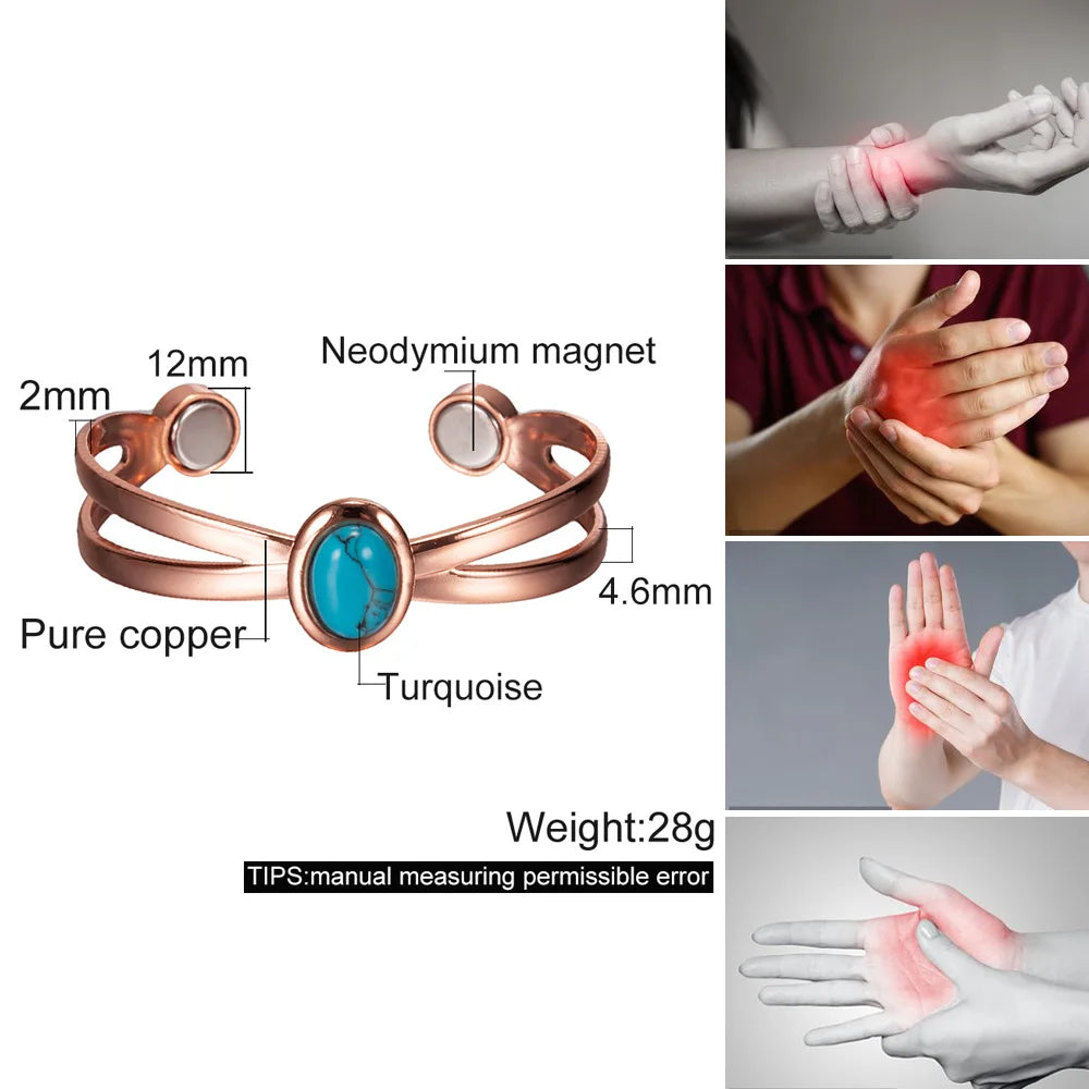 Magnetic Copper Bracelets for Women Blue Stone Adjustable Cuff Copper Magnetic Bracelet Arthritis Cross Healing Energy Bangle