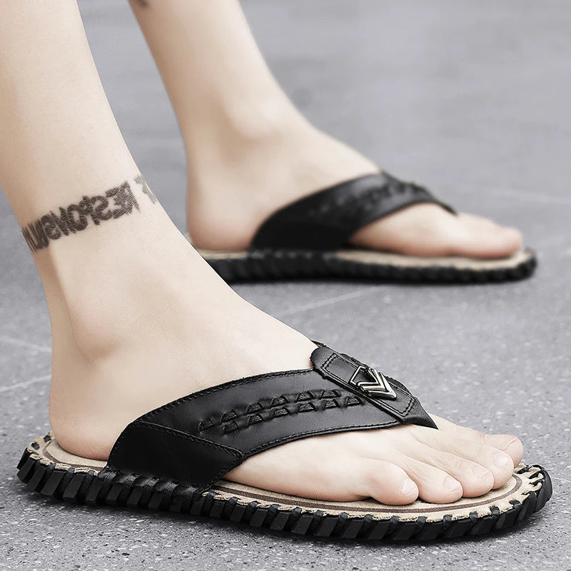 Durable Hand Stitched Men Casual Slippers Full Grain Cow Leather Soft Insole Anti Slip Summer Indoor Outside Slide Shoes