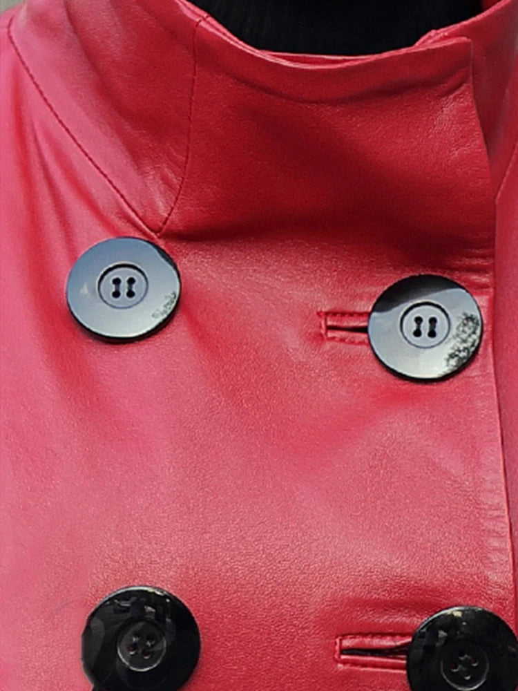 Nerazzurri Autumn Maxi Red Pu Leather Trench Coat for Women Long Sleeve Belt Double Breasted Elegant Luxury Runway Fashion 2023