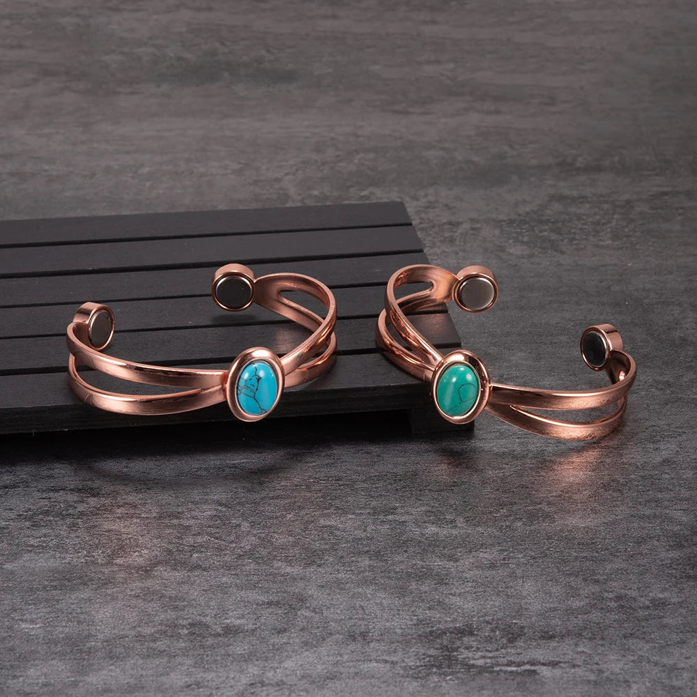 Magnetic Copper Bracelets for Women Blue Stone Adjustable Cuff Copper Magnetic Bracelet Arthritis Cross Healing Energy Bangle