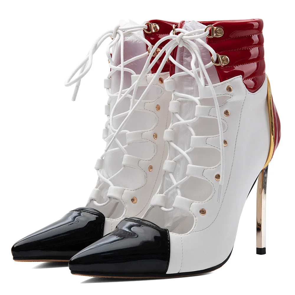 Women Stiletto Patchwork Sandals High Slim Metal Heels Ankle Boots Big Size 47 Front Cut Out Shoes Lace up Short Booties