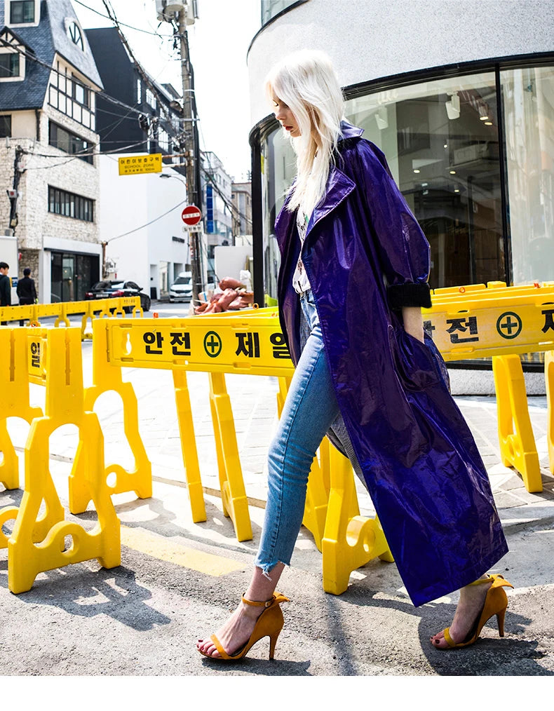 Nerazzurri Spring Autumn Purple Shiny Womens Patent Leather trench coat belt raglan sleeve Oversized soft runway long Overcoat