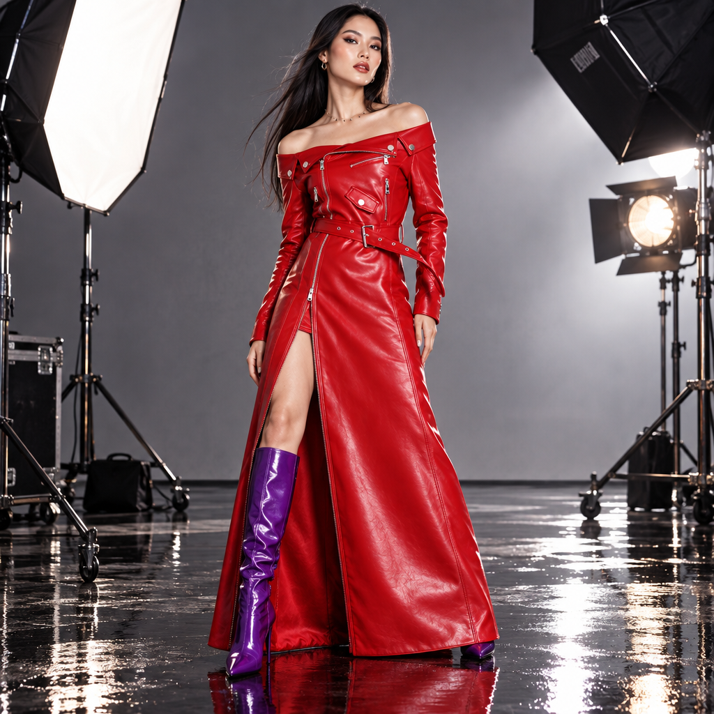 Spring Autumn Maxi Dresses for Women Slash Neck Red Black PU Leather Dress Women Long Sleeve Runway Elegant Dress