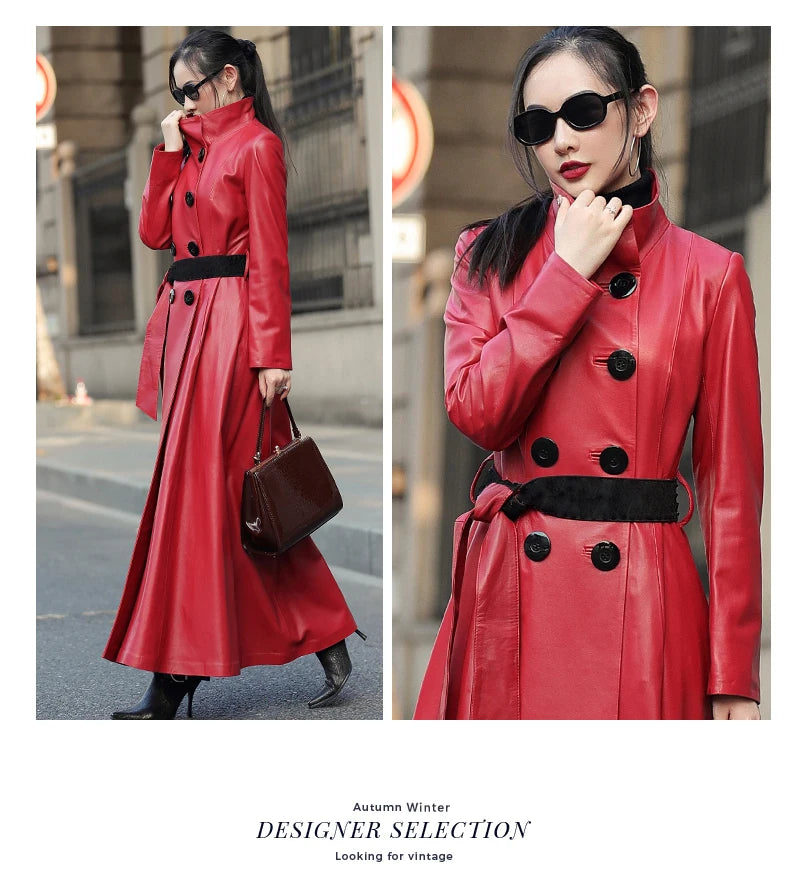 Nerazzurri Autumn Maxi Red Pu Leather Trench Coat for Women Long Sleeve Belt Double Breasted Elegant Luxury Runway Fashion 2023
