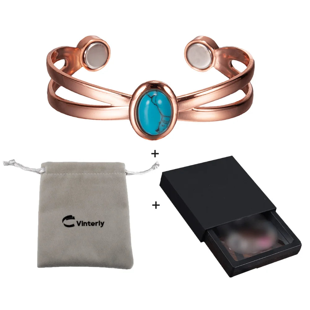 Magnetic Copper Bracelets for Women Blue Stone Adjustable Cuff Copper Magnetic Bracelet Arthritis Cross Healing Energy Bangle