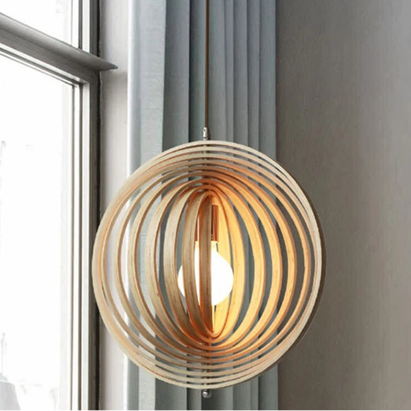 Wooden Living Room Bamboo Dining Pendant  lamp Creative Moon Lamp Wood Ring Bedroom Hanging Lamp
